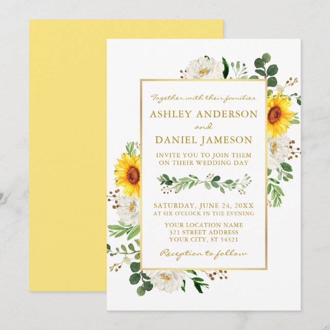 Convites Casamento Dourado Floral Branco (Frente/Verso)