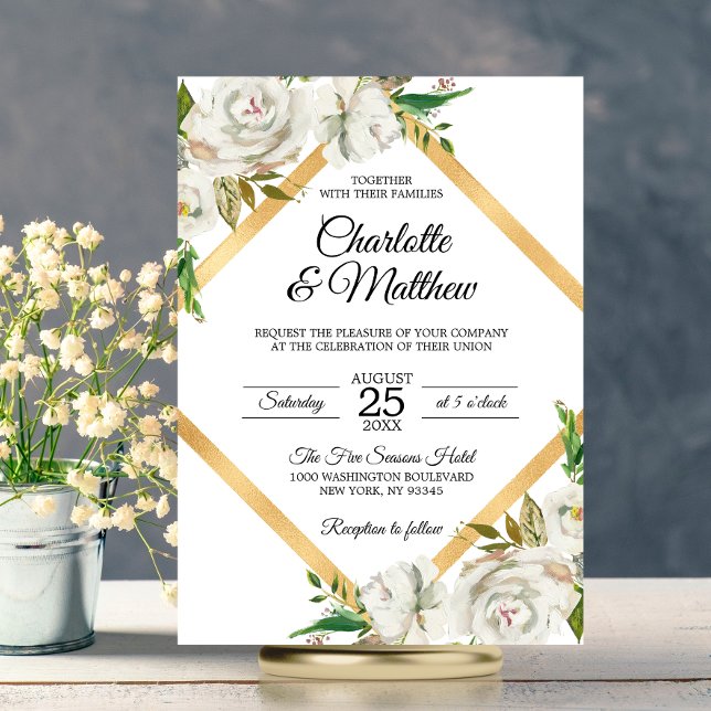 Convites Casamento Dourado Floral Branco Antiquado, Aquarel (Watercolor Antique White Gold Floral Wedding Invitation)