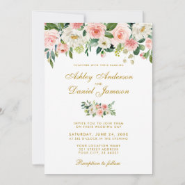 Convites Casamento Dourado Floral Branco Blush de Cor-de-Ág