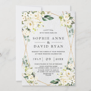Convites Casamento Dourado Floral Branco da Aquarela Encant