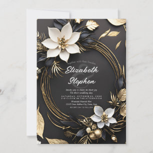 Convites Casamento Dourado Floral  Branco Elegante
