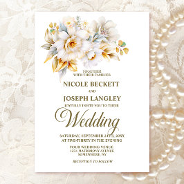 Convites Casamento Dourado Floral Branco Elegante