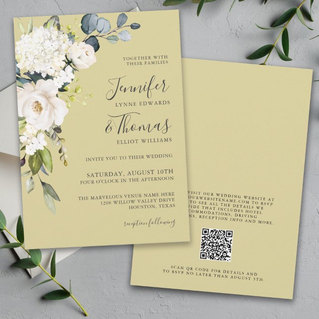 Convites Casamento Dourado Floral Branco Elegante com códig (Criador carregado)
