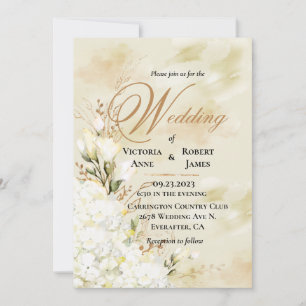 Convites Casamento Dourado Floral Branco Elegante Hydrangea