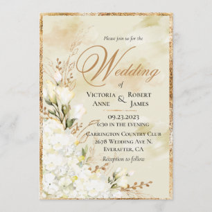 Convites Casamento Dourado Floral Branco Elegante Hydrangea
