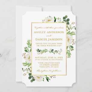 Convites Casamento Dourado Floral Branco Verde