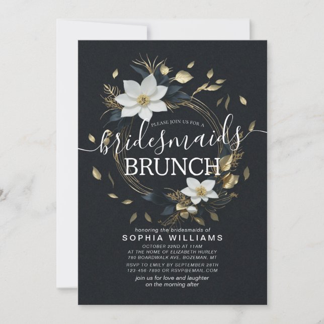 Convites Casamento Dourado Floral Brancos Bridesmaid Brunch (Frente)