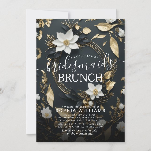 Convites Casamento Dourado Floral Brancos Bridesmaid Brunch (Frente)