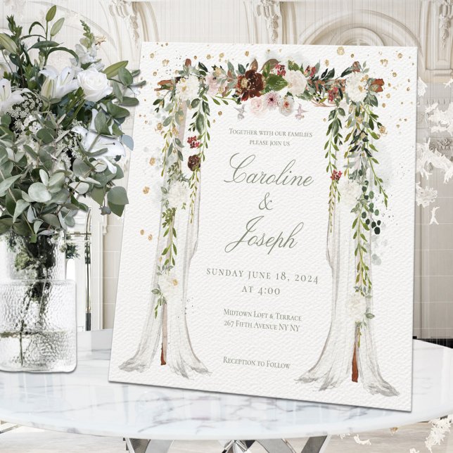 Convites Casamento Dourado Floral Chuppah (Criador carregado)