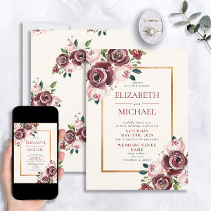 Convites Casamento Dourado Floral Cinza Vintage Burgundy
