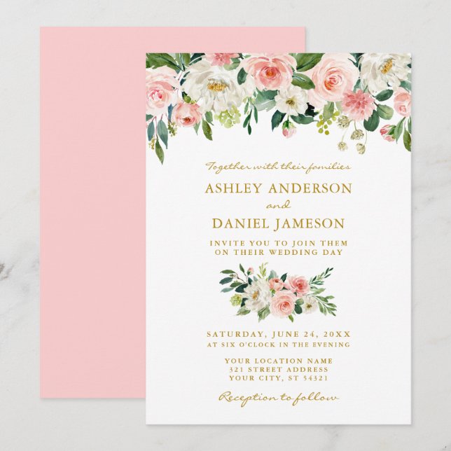 Convites Casamento Dourado Floral  com Blush de Cor-de-Água (Frente/Verso)