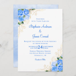Convites Casamento Dourado Floral de Aquarela Azul