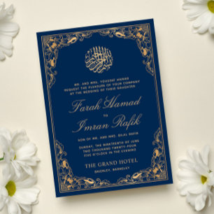 Convites Casamento Dourado Floral de Azul Muçulmano Islâmic