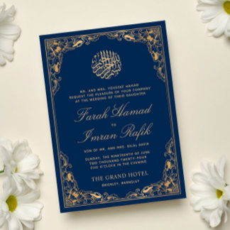 Convites Casamento Dourado Floral de Azul Muçulmano Islâmic