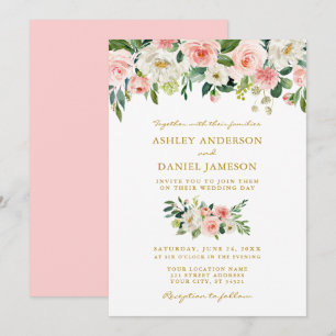 Convites Casamento Dourado Floral de Blush Cor-de-Água Ros