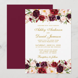 Convites Casamento Dourado floral de Borgonha da aguarela