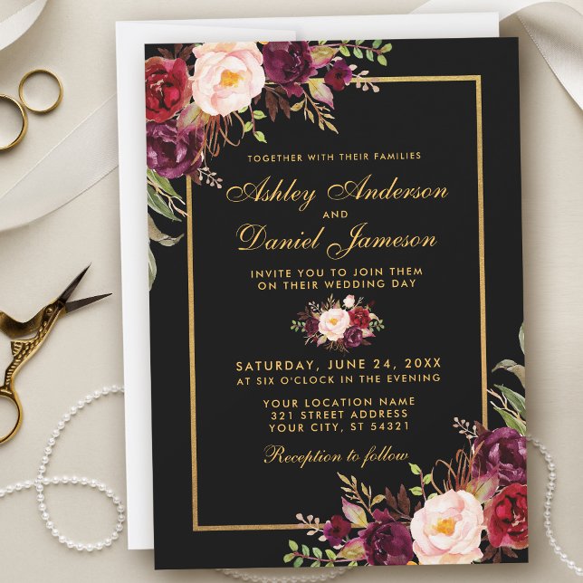 Convites Casamento Dourado Floral de Borgonha Elegante (Customize to change text color, style, add text & photos to back or change color of back of card.)