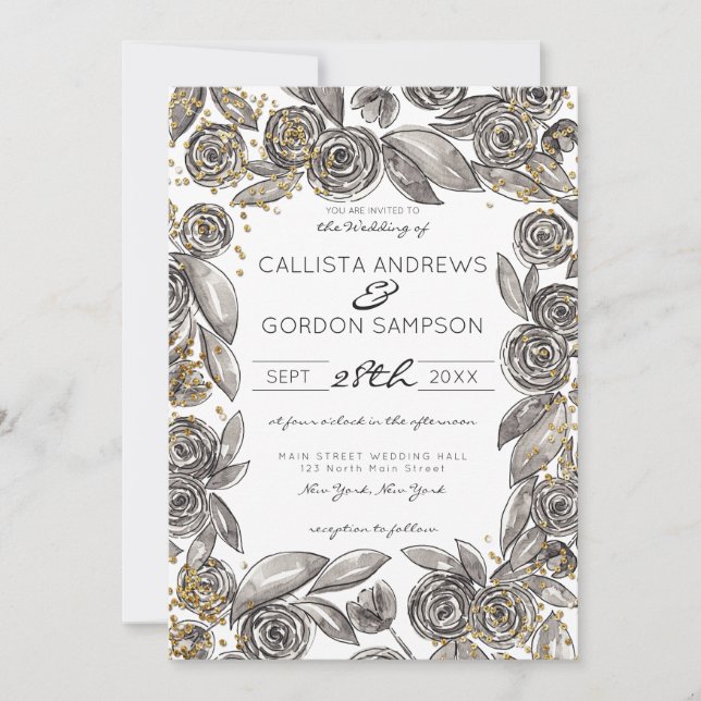 Convites Casamento Dourado Floral de Confetti Watercolor Pr (Frente)