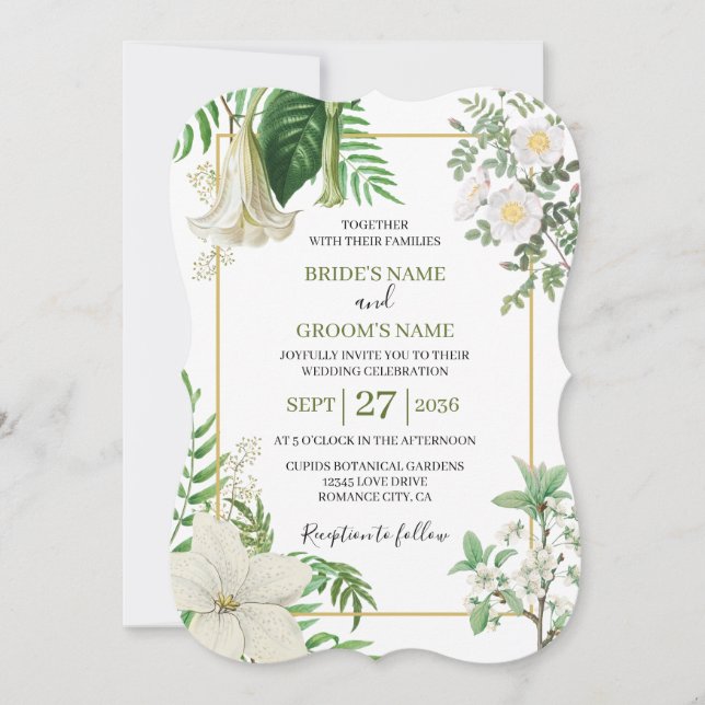 Convites Casamento Dourado Floral de Cor Verde Branca Rústi (Frente)