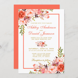 Convites Casamento Dourado Floral de Coral de Água Moderna