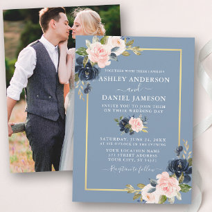 Convites Casamento Dourado Floral de Foto Azul-Rosa Dusty