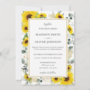 Convites Casamento Dourado Floral de Girassol Amarelo Chic