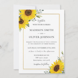 Convites Casamento Dourado Floral de Girassol Amarelo Chic