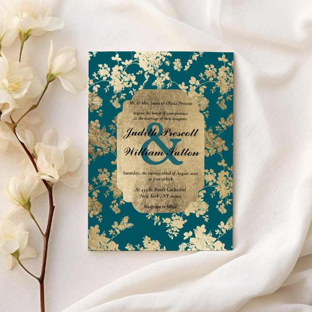 Convites Casamento Dourado Floral de Luxo Verde do Estilo V (Vintage Style Green Gold Floral Luxury Wedding )