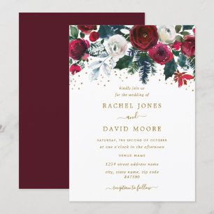 Convites Casamento Dourado Floral de Natal Burgundy Red