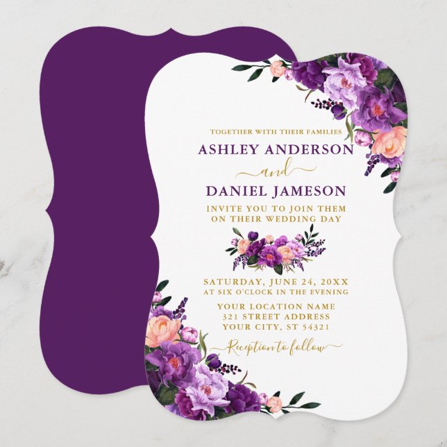 Convites Casamento Dourado Floral de Púrpura de Aquarela El (Frente/Verso)