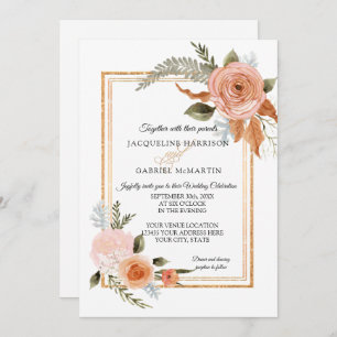 Convites Casamento Dourado Floral de queda rustica modelo E