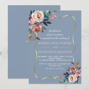 Convites Casamento Dourado Floral de Rosa Azul Encantado