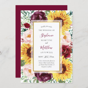 Convites Casamento Dourado Floral de Sunflower Burgundy