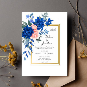 Convites Casamento Dourado Floral Elegante Azul Cobalto Ros