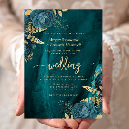 Convites Casamento Dourado Floral Elegante Azul Teal