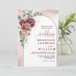 Convites Casamento Dourado Floral Elegante Burgundy