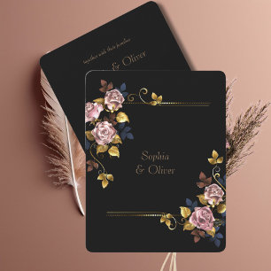 Convites Casamento Dourado Floral  Elegante Minimalista Boh