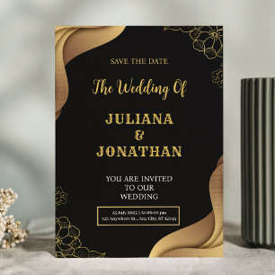 Convites Casamento Dourado Floral Elegante Moderno Negro