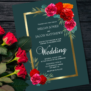 Convites Casamento Dourado Floral Elegante Red Teal
