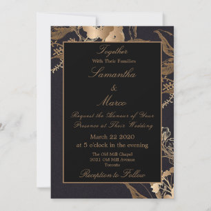 Convites Casamento Dourado Floral Faux Metal Elegante