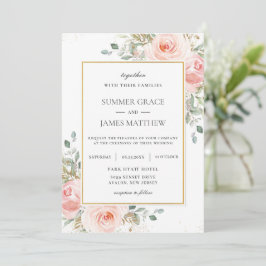 Convites Casamento Dourado Floral Invi - Rosas Rosa Escamuf