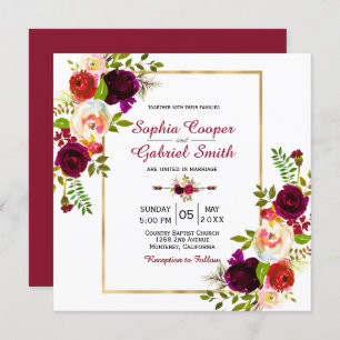 Convites Casamento Dourado Floral Moderno Chich Burgundy