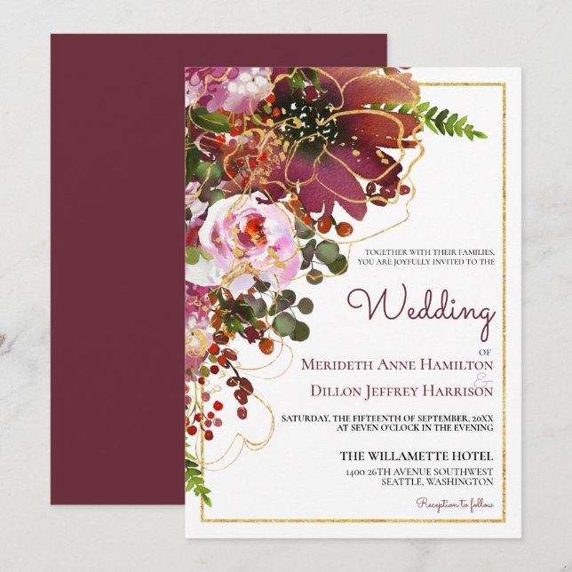 Convites Casamento Dourado Floral Moderno Elegante Burgundy (Frente/Verso)