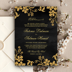 Convites Casamento Dourado Floral Muçulmano Negro
