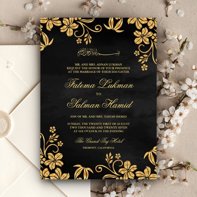 Convites Casamento Dourado Floral Muçulmano Negro (Criador carregado)