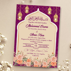 Convites Casamento Dourado Floral Muçulmano Roxo