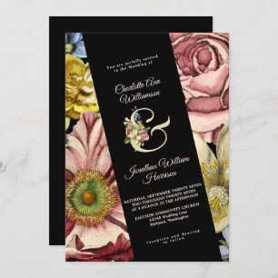 Convites Casamento Dourado Floral Negro Elegante