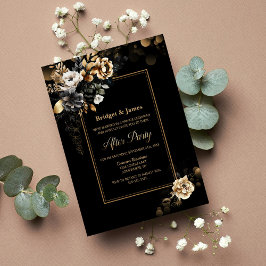 Convites Casamento Dourado Floral Negro Elegante Após Festa