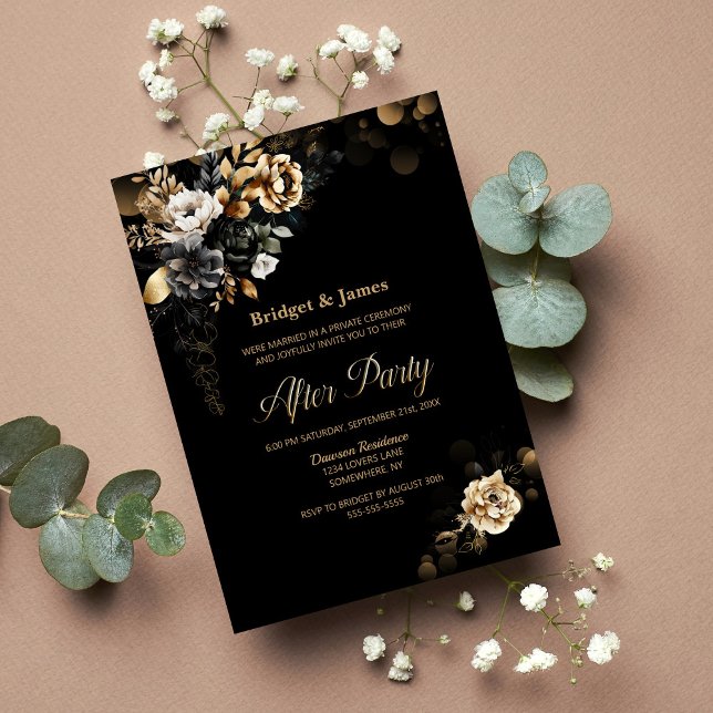Convites Casamento Dourado Floral Negro Moody Após Festa (Criador carregado)