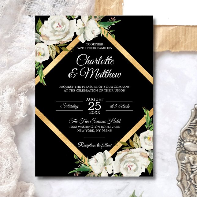 Convites Casamento Dourado Floral Preto-Branco com Aquarela (Criador carregado)